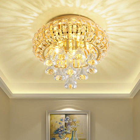 Gold Modern Round Ceiling Light With 5 Hand-Cut Crystal Heads - Flush Mount Lamp For Foyer