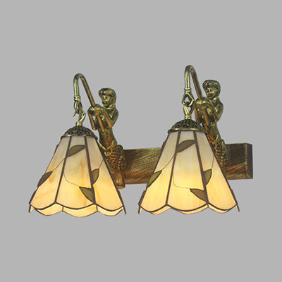 Conical Vanity Sconce Lighting With 2-Headed White/Beige Glass Tiffany Wall Mounted Light And