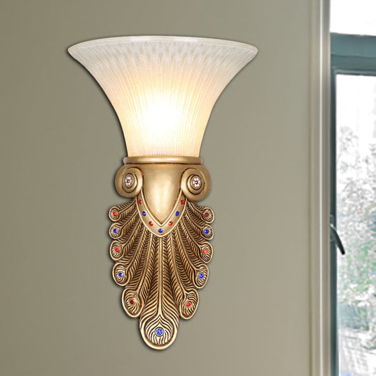 Golden Peacock Tail Wall Sconce - Stylish Country Lamp With Opal Glass Shade