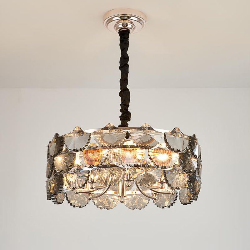 Modern Gray Crystal Block Drum Ceiling Chandelier - 6 Bulb Gold Pendant Lamp