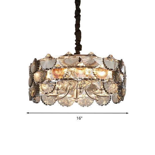 Modernist Gray Crystal Block Drum Ceiling Chandelier 6 Bulb Kitchen Pendant Lamp In Gold