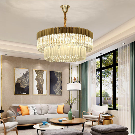 Modern Brass Chandelier Pendant Light With 6 Crystal Heads - 2 Tiers Living Room Décor