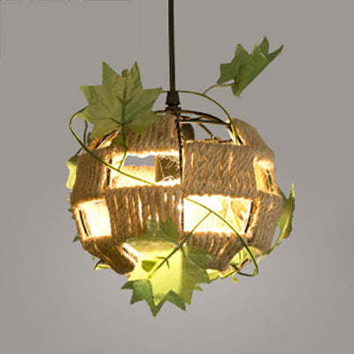 Global Cage Pendant Lamp With Rope And Metal 1 Head - Country Style Beige Hanging Light For