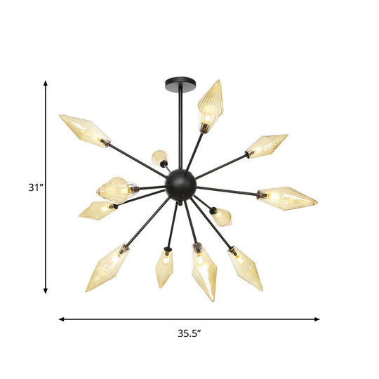 Mid-Century Diamond Shade Chandelier - Amber/Clear Ribbed Glass 9/12/15 Lights Living Room Pendant