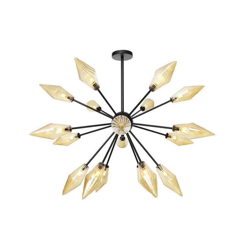Mid-Century Diamond Shade Chandelier - Amber/Clear Ribbed Glass 9/12/15 Lights Living Room Pendant