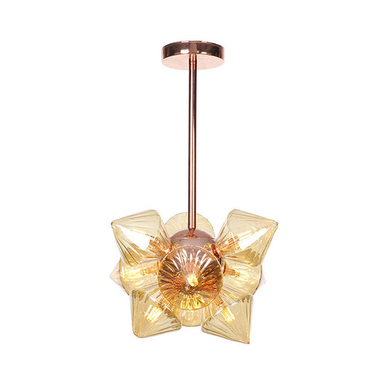 Stylish Farmhouse Chandelier Lamp: Diamond Amber/Clear Glass 9/12 Heads Copper/Gold Finish
