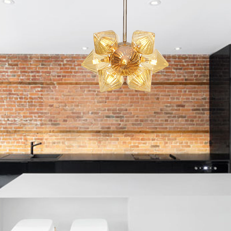 Stylish Farmhouse Chandelier Lamp: Diamond Amber/Clear Glass 9/12 Heads Copper/Gold Finish