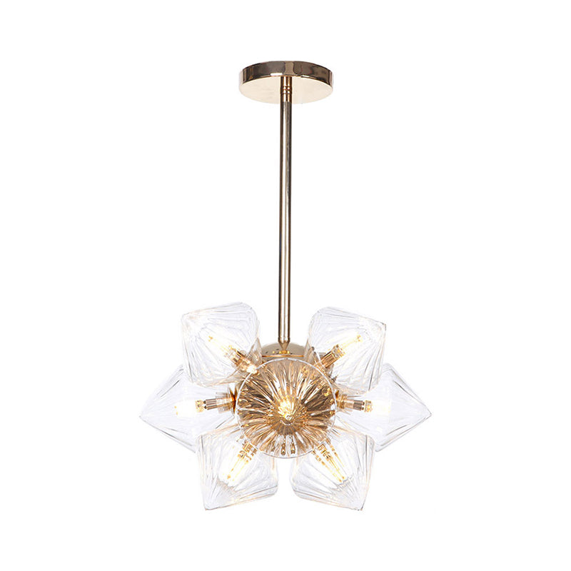 Stylish Farmhouse Chandelier Lamp: Diamond Amber/Clear Glass 9/12 Heads Copper/Gold Finish