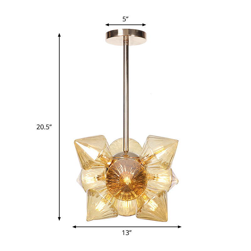 Stylish Farmhouse Chandelier Lamp: Diamond Amber/Clear Glass 9/12 Heads Copper/Gold Finish