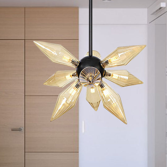 Industrial Amber/Clear Ribbed Glass Pendant Lighting With Starburst Design - 9/12/15 Heads Bedroom