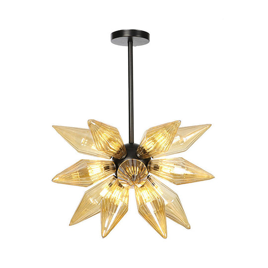 Industrial Amber/Clear Ribbed Glass Pendant Lighting With Starburst Design - 9/12/15 Heads Bedroom