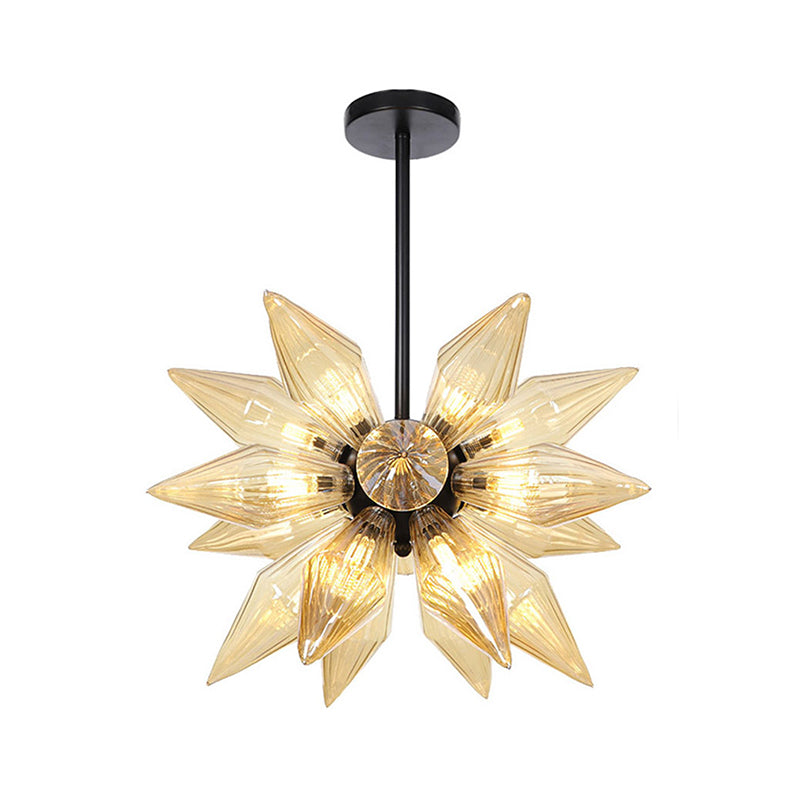 Industrial Amber/Clear Ribbed Glass Pendant Lighting With Starburst Design - 9/12/15 Heads Bedroom