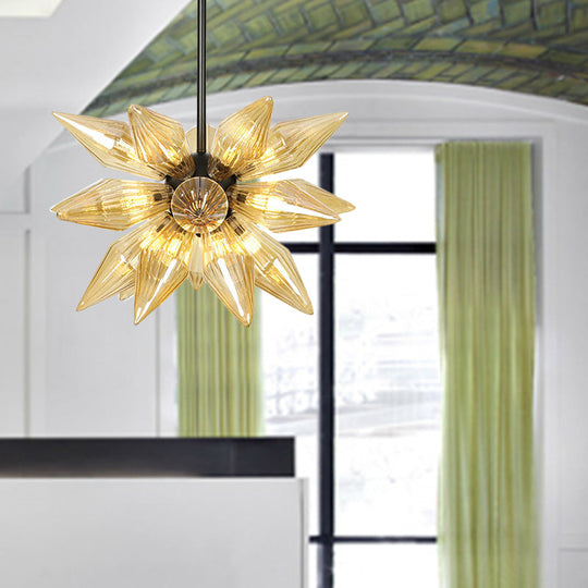 Industrial Amber/Clear Ribbed Glass Pendant Lighting With Starburst Design - 9/12/15 Heads Bedroom