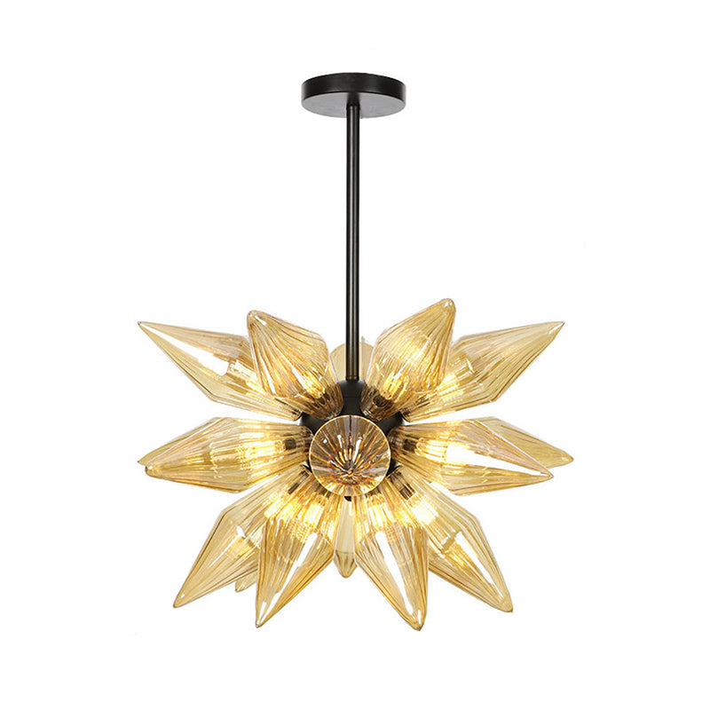 Industrial Amber/Clear Ribbed Glass Pendant Lighting With Starburst Design - 9/12/15 Heads Bedroom