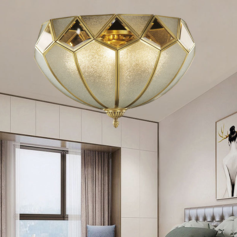 Vintage Brass Dome Flush Light Fixture With Clear Glass For Bedroom - 4-Light Ceiling Lamp