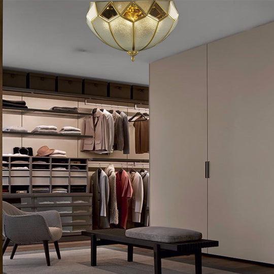 Vintage Brass Dome Flush Light Fixture With Clear Glass For Bedroom - 4-Light Ceiling Lamp