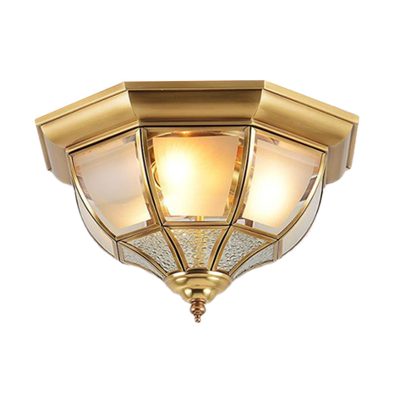 Faceted Clear Glass Dining Room Flush Lamp Traditional Brass Finish Ceiling Lighting - 14/18 Width
