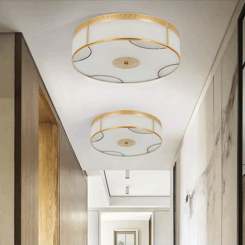Chinese Style Drum Ceiling Light - 14’/18’/21.5’ W 3/4/6 - Light Matte White Glass Brass Flushmount
