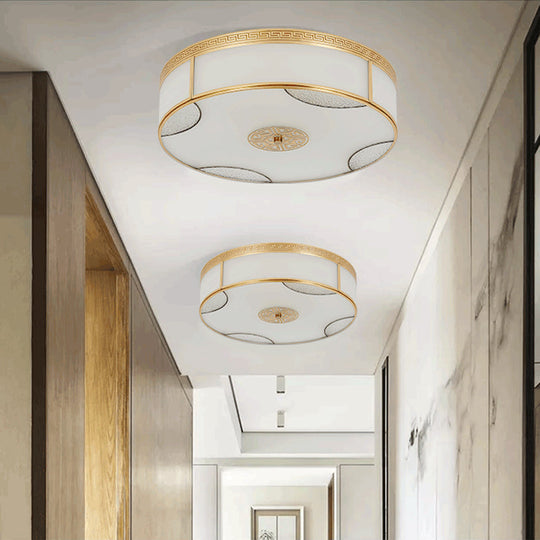 Chinese Style Drum Ceiling Light - 14’/18’/21.5’ W 3/4/6 - Light Matte White Glass Brass Flushmount