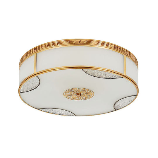 Chinese Style Drum Ceiling Light - 14’/18’/21.5’ W 3/4/6 - Light Matte White Glass Brass Flushmount
