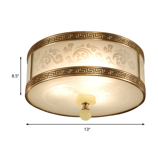 Chinese Style Brass Finish Flush Ceiling Mount Light With Frosted Glass - 2/3/4 Lights Drum Shape