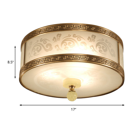 Chinese Style Brass Finish Flush Ceiling Mount Light With Frosted Glass - 2/3/4 Lights Drum Shape