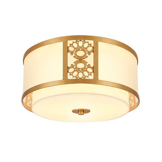 Brass Finish Dual Round Flush Mount Ceiling Lamp With Opaque Glass - 3/4 Light Minimalist Design