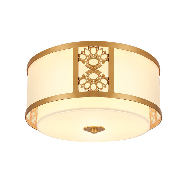 Brass Finish Dual Round Flush Mount Ceiling Lamp With Opaque Glass - 3/4 Light Minimalist Design