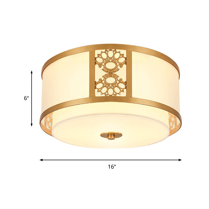 Brass Finish Dual Round Flush Mount Ceiling Lamp With Opaque Glass - 3/4 Light Minimalist Design