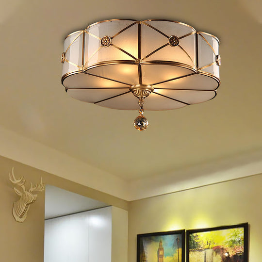 Retro Style Brass Finish Floral Flush Ceiling Lamp - 14’/18’ Opal White Glass Crystal Drop / 14’