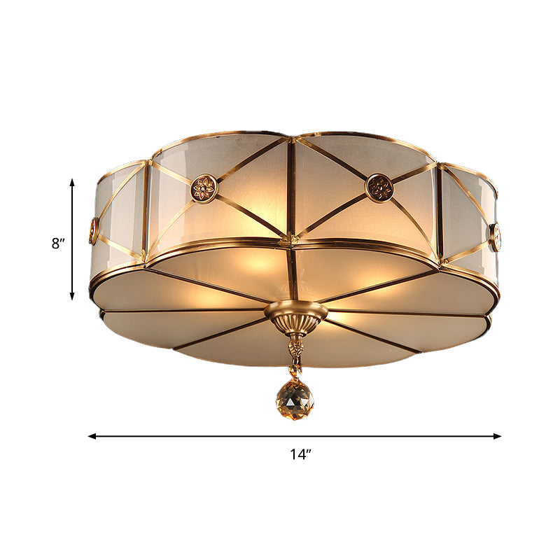 Retro Style Brass Finish Floral Flush Ceiling Lamp - 14/18 Opal White Glass Crystal Drop