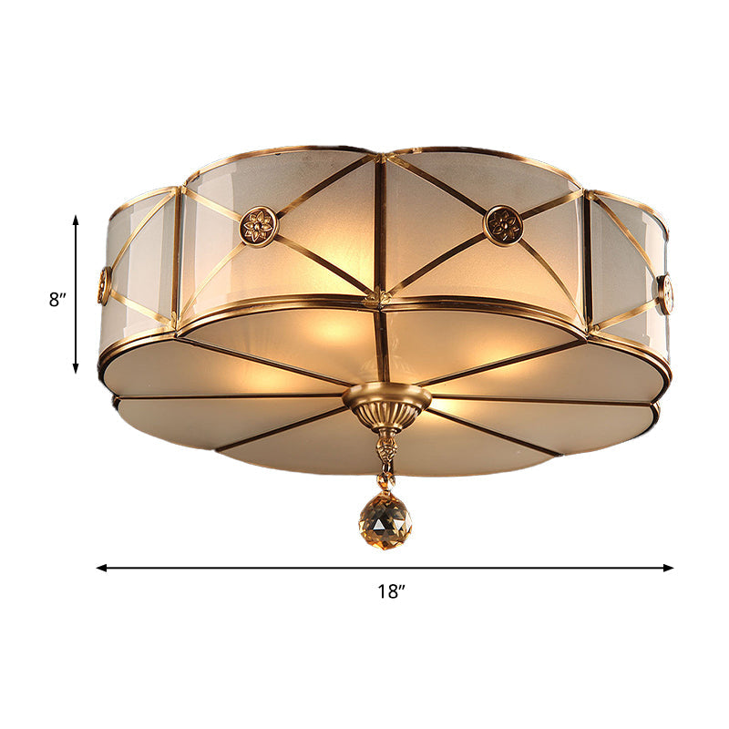 Retro Style Brass Finish Floral Flush Ceiling Lamp - 14/18 Opal White Glass Crystal Drop