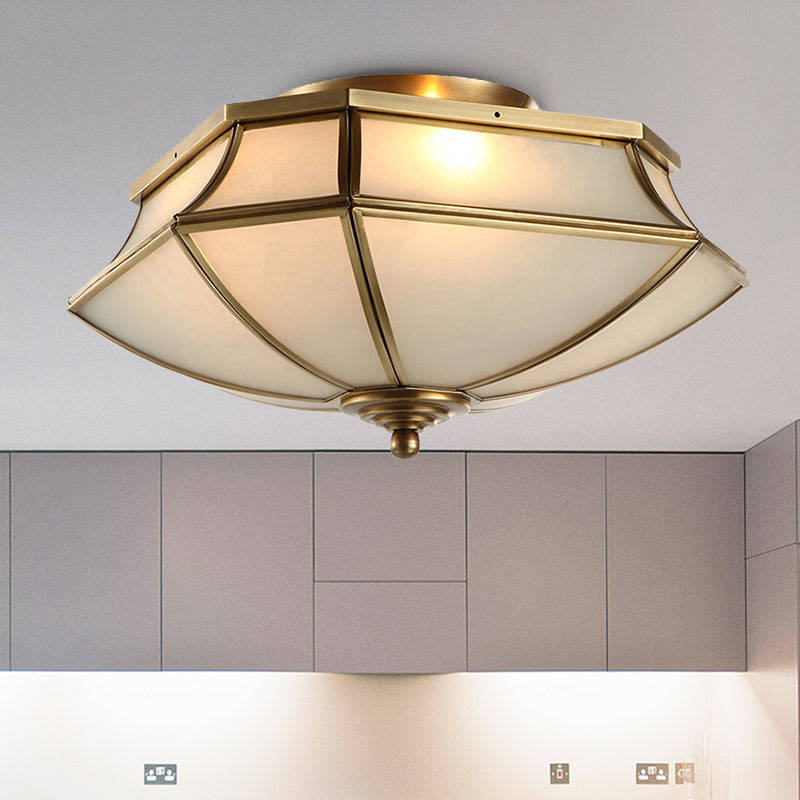 Classic Brass Beveled Ceiling Lamp With Opal Glass Shade - 3-Light Flush Mount