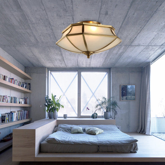 Classic Brass Beveled Ceiling Lamp With Opal Glass Shade - 3-Light Flush Mount