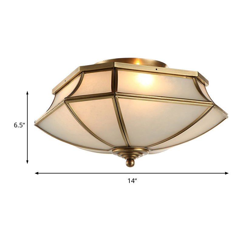 Classic Brass Beveled Ceiling Lamp With Opal Glass Shade - 3 - Light Flush Mount