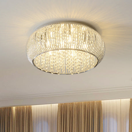 Chrome Drum Crystal Flush Mount Ceiling Light Fixture - Minimalist Design 8 Heads Beaded