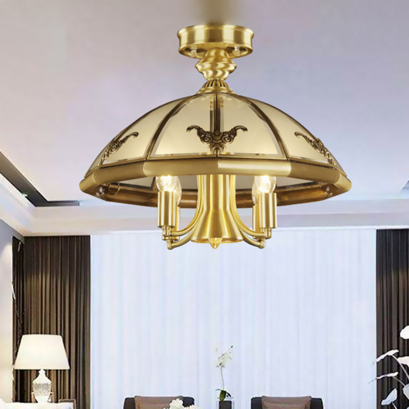 Vintage Brass Sheep/Oval Ceiling Light Fixture - 5 Bulbs Mouth Blown Opal Glass Semi Flush Mount