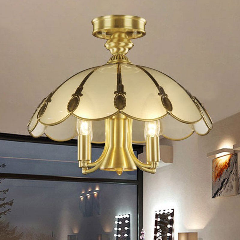 Vintage Brass Sheep/Oval Ceiling Light Fixture - 5 Bulbs Mouth Blown Opal Glass Semi Flush Mount