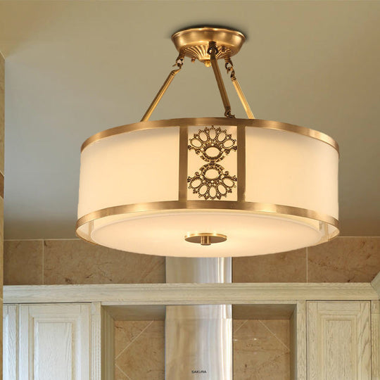 Brass Semi Flush Light Retro Sandblasted Glass Drum Ceiling Fixture For Living Room - 16’/19.5’