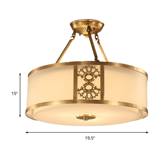 Brass Semi Flush Light Retro Sandblasted Glass Drum Ceiling Fixture For Living Room - 16’/19.5’
