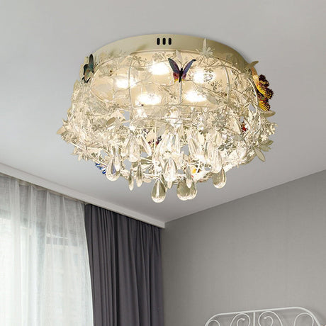 Cascade Teardrop Crystal Ceiling Light - 18/23.5 Wide Contemporary 5 Heads Nickel Flush Mount / 18