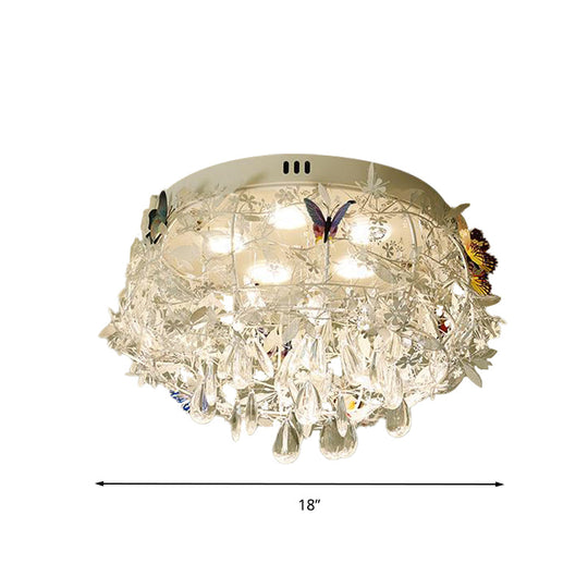 Cascade Teardrop Crystal Ceiling Light - 18/23.5 Wide Contemporary 5 Heads Nickel Flush Mount