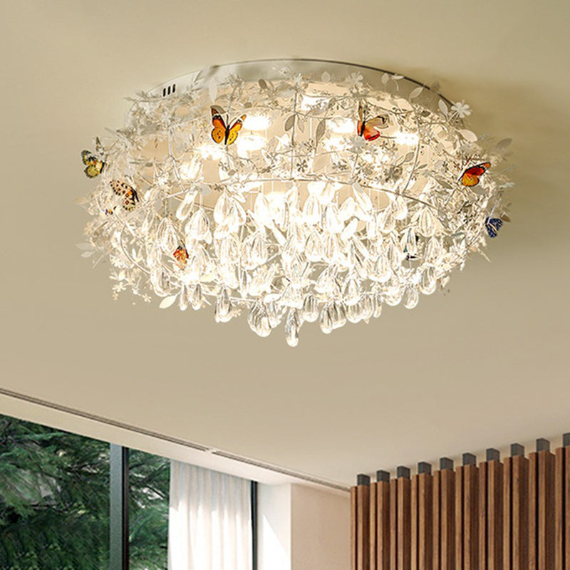 Cascade Teardrop Crystal Ceiling Light - 18/23.5 Wide Contemporary 5 Heads Nickel Flush Mount / 23.5
