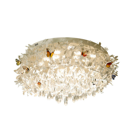 Cascade Teardrop Crystal Ceiling Light - 18’/23.5’ Wide Contemporary 5 Heads Nickel Flush Mount