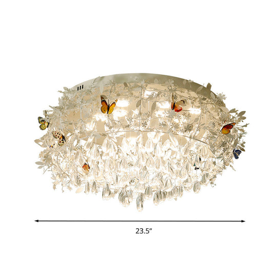 Cascade Teardrop Crystal Ceiling Light - 18’/23.5’ Wide Contemporary 5 Heads Nickel Flush Mount