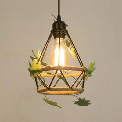 Beige Hanging Lamp: Country Style Metal & Rope Pendant Lighting For Coffee Shop / Diamond
