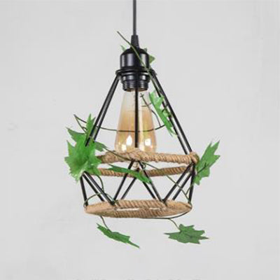 Beige Hanging Lamp: Country Style Metal & Rope Pendant Lighting For Coffee Shop