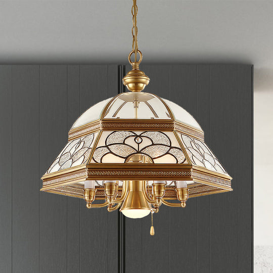 Gold Chandelier Dome With Sandblasted Glass - 6/7 Lights Down Lighting Pendant For Living Room