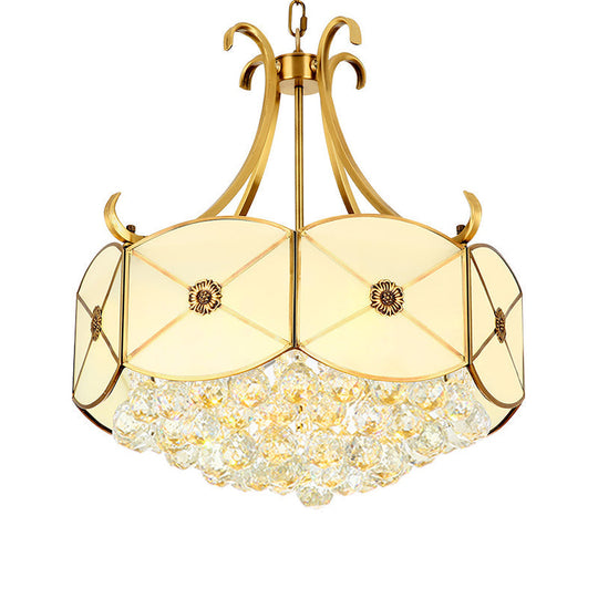 Colonial Ivory Glass Drum Restaurant Chandelier With Gold Accents & Crystal Ball - 4 Heads