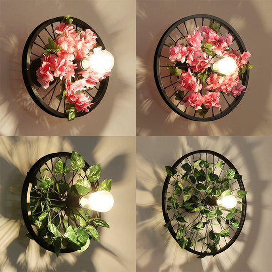 Industrial Metal Wheel Wall Mount Light With Flower/Leaf Decor 12.5/16.5 Diameter